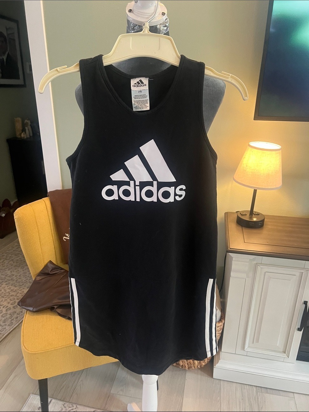 adidas Black Sleeveless Logo Tank Dress with White Stripes